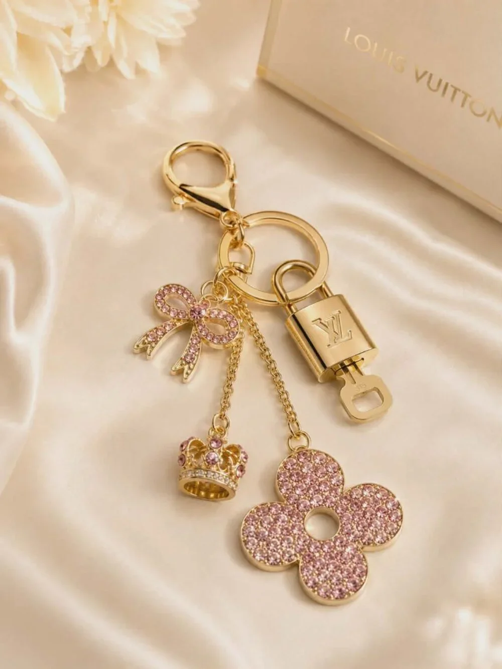 LV Authentic Gold Lock & Key 🔑 Luxury Bag Charm w/ Unbranded Flower Keychain